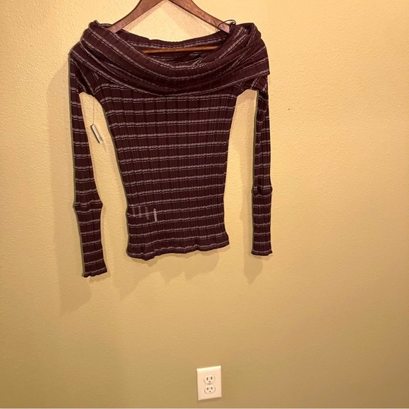 NWOT Free People Brown Stripe Cowl Neck Stretchy Shirt, Size Small - Picture 1 of 9